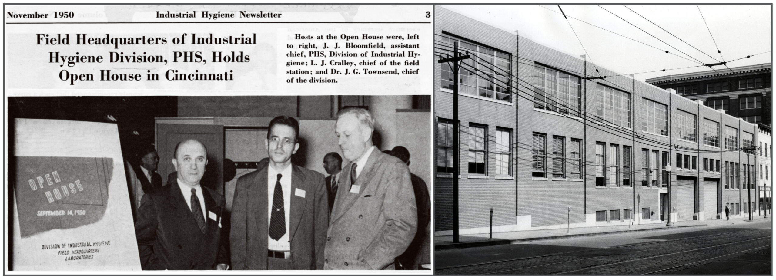 L: IHD Chiefs at Open House,1950. R: PHS Industrial Hygiene Division Field Headquarters, 1014 Broadway, Cincinnati c. 1950.
