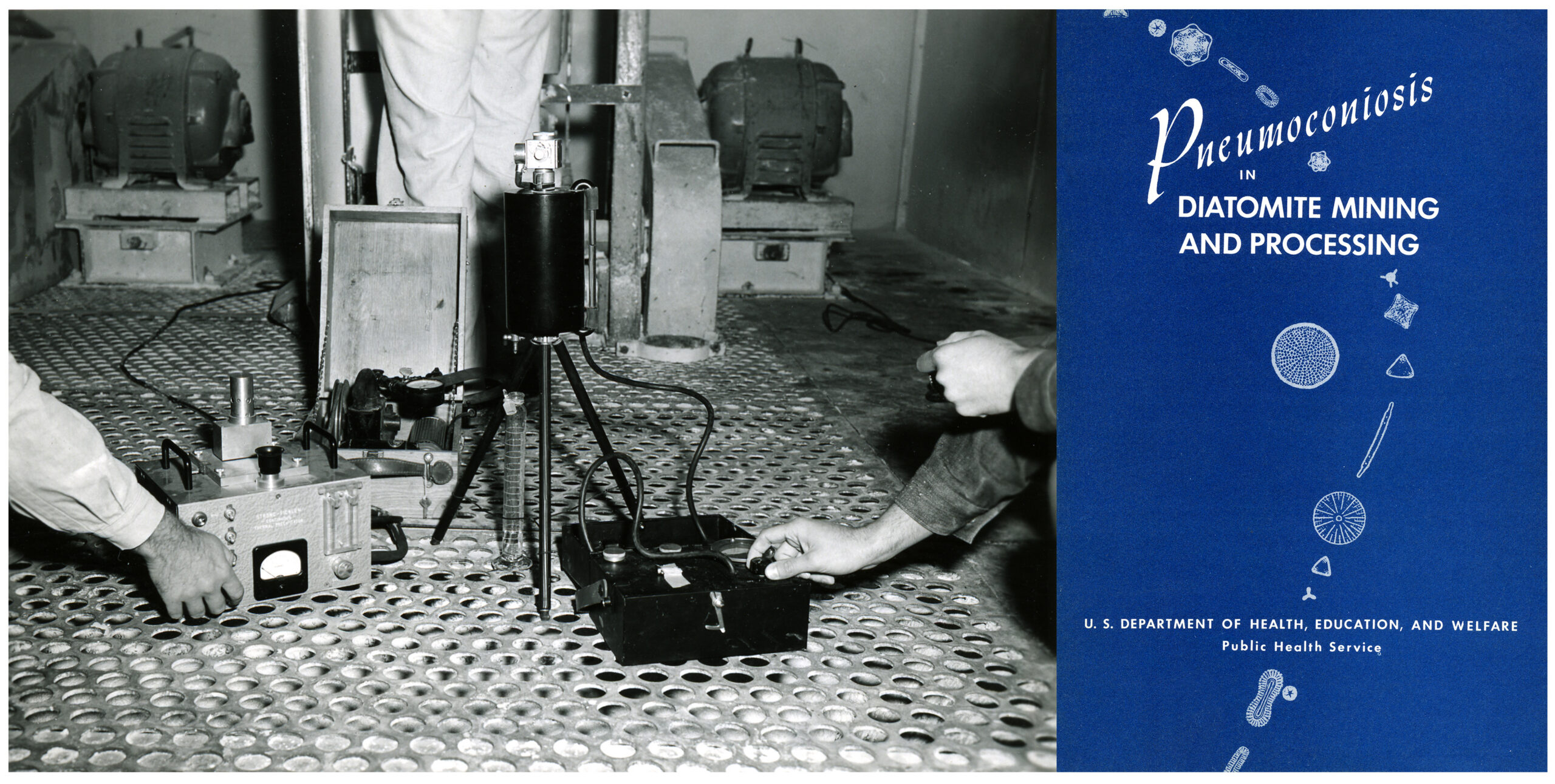 L: Sampling in back of worker, diatomaceous earth study, 1953-4. R: PHS diatomaceous earth study publication, 1958