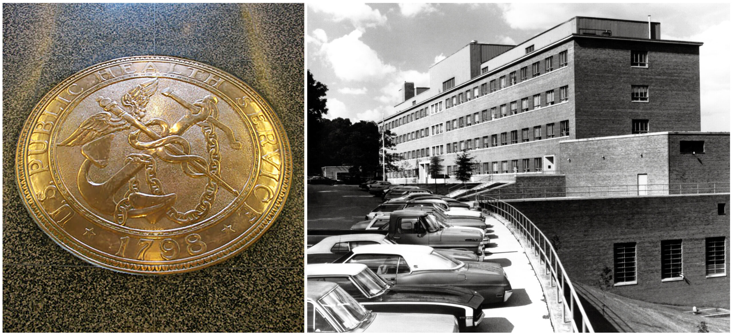 Left: PHS seal in floor of Taft Center lobby, Cincinnati. Right: Taft Center and staff cars, c. 1960’s–1970’s