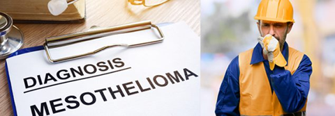 Image of worker coughing and clip board with paper that says diagnosis mesothemioma.