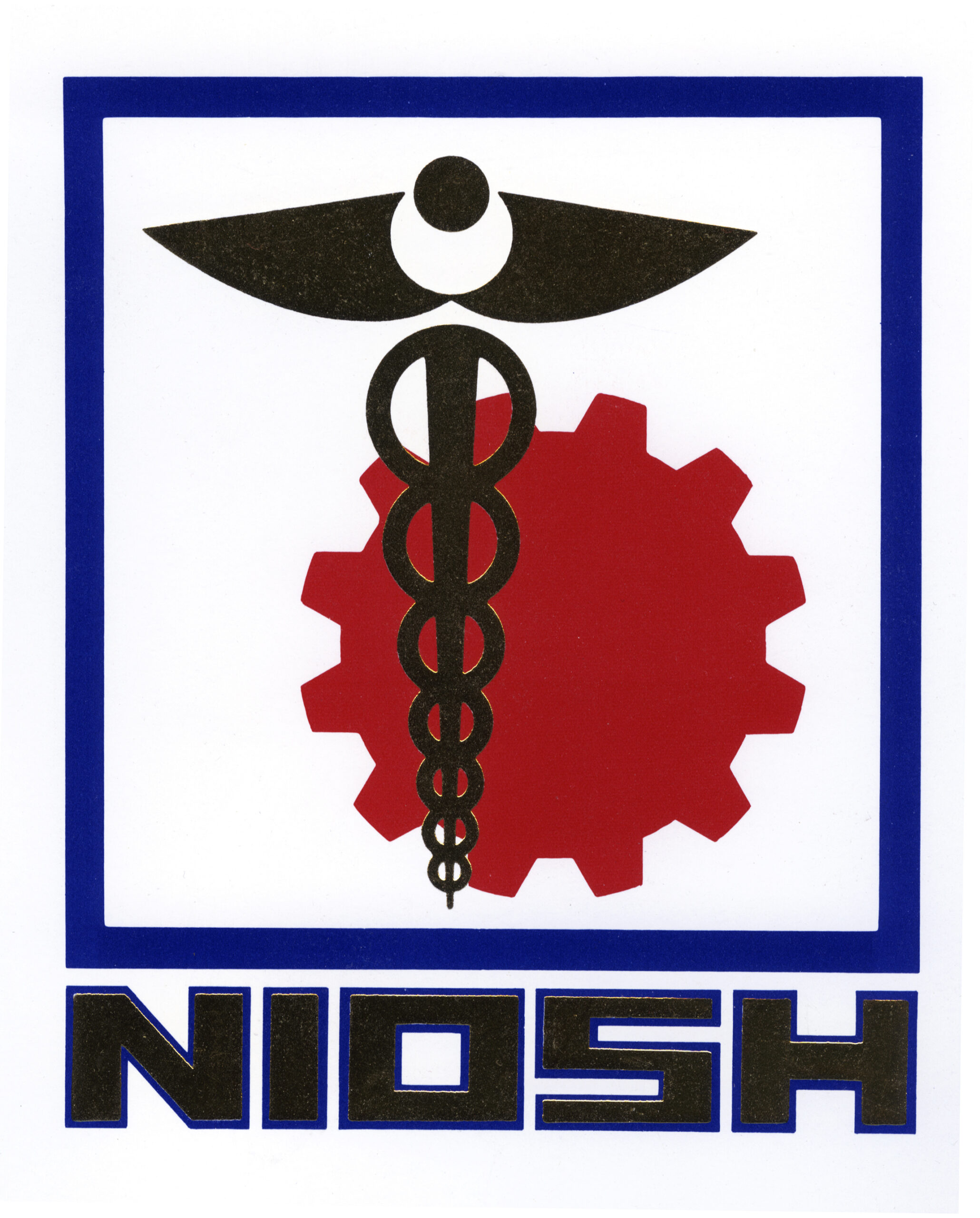 NIOSH logo with a gold caduceus, red gear and blue border.