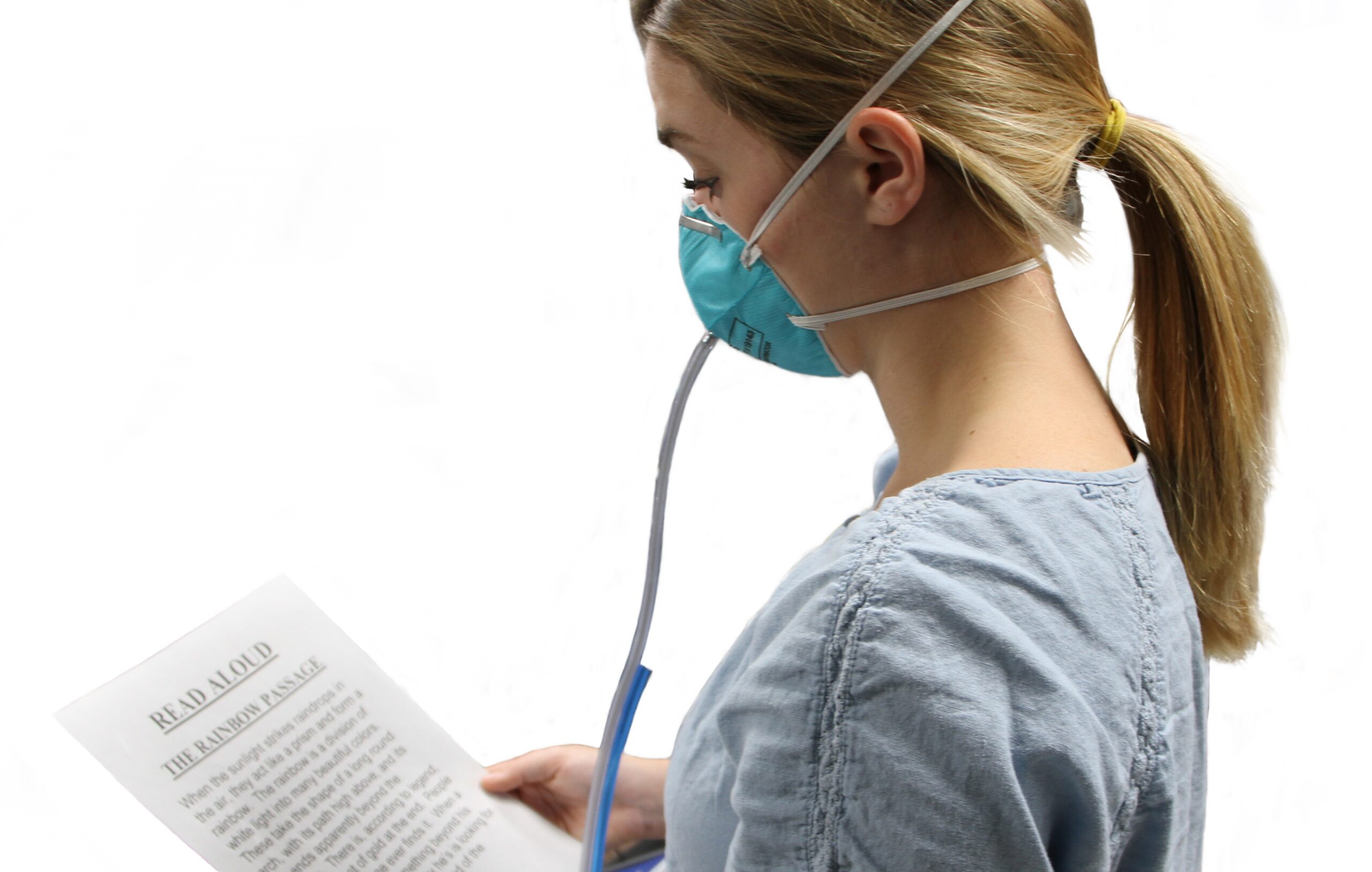 An individual reading the ‘Rainbow Passage’ during a respirator fit test. Photo from NIOSH
