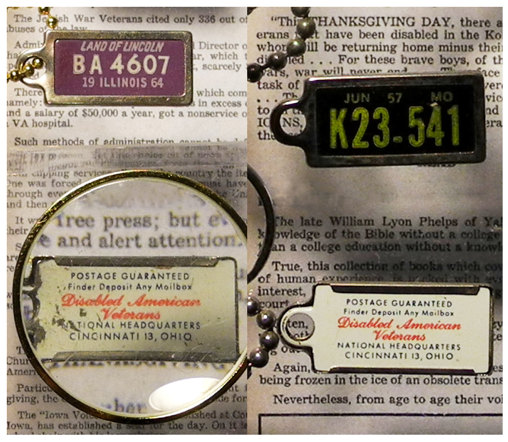 Idento-Tag miniature license plates made at 5555 Ridge Avenue, Cincinnati, 1950's. (Note Postal Zone 13 on address = 45213, current zip code.