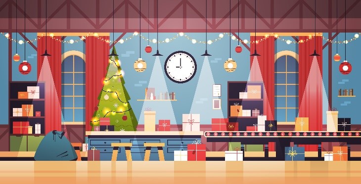 Drawing of a toy shop at the north pole