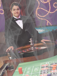 Photo of a casino worker engulfed in secondhand smoke.