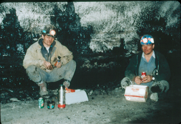 Photo of two men in an underground mine.