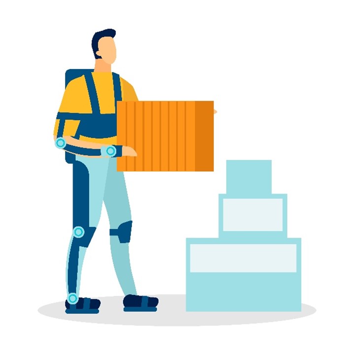 Worker moving boxes while wearing an exoskeleton.