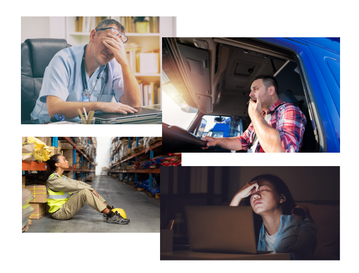 imágenes de trabajadores con aspecto cansado en diferentes entornos