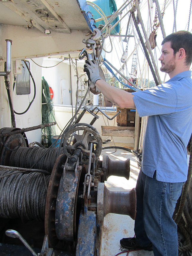 David Sweet takes measurements off a 503 McElroy winch aboard the fishing vessel Elisabeth T, operating out of Intercoastal City, Louisiana.