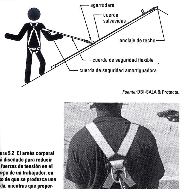 Diagram of person in a harness on a roof and a close-up of the back of a harness on someone's body
