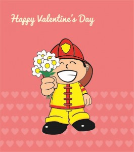 Image of fireman holding flowers and says Happy Valentines Day