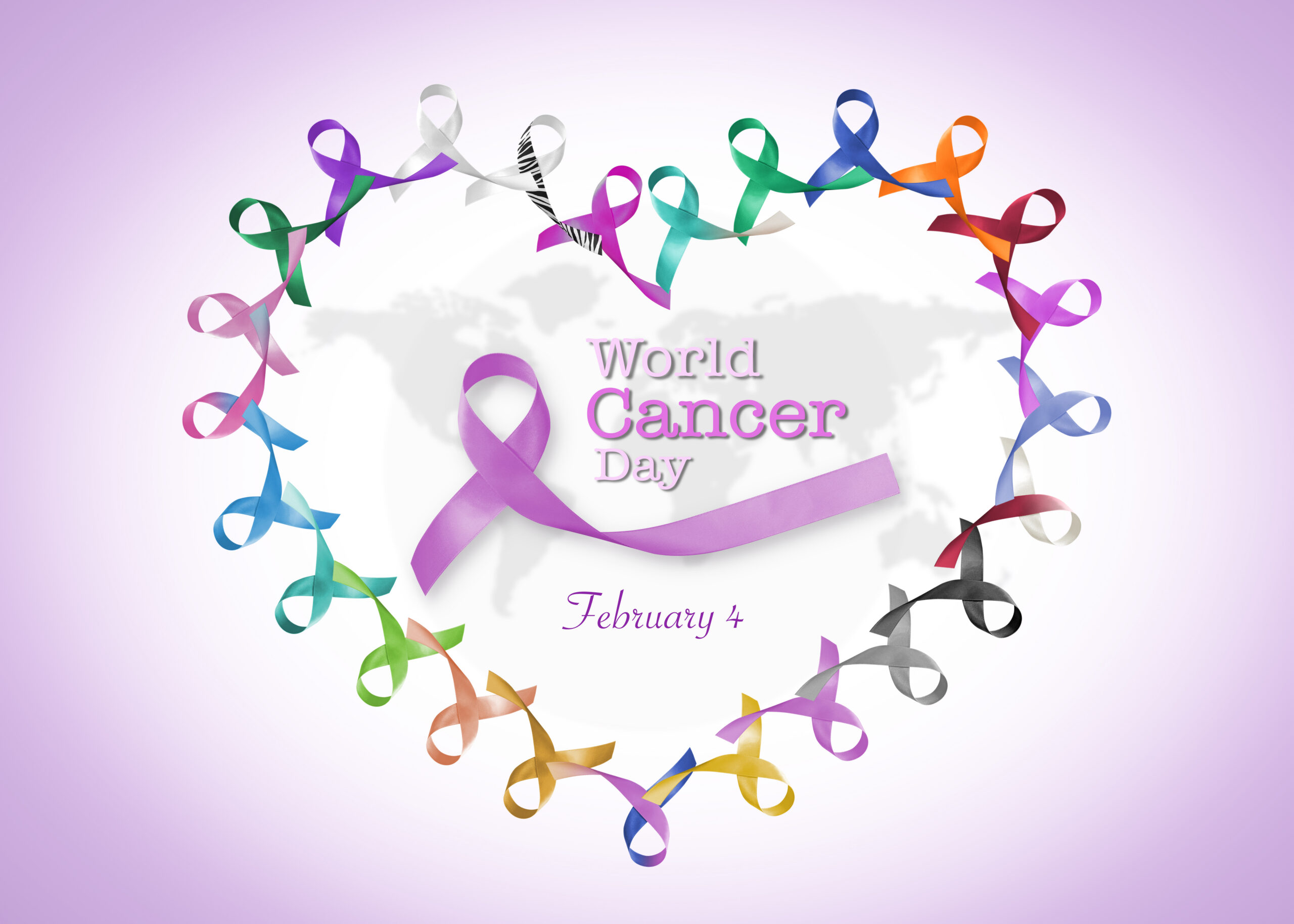 world cancer day text with purple ribbon