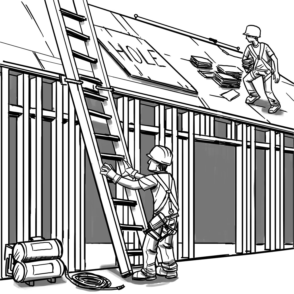More detailed black and white drawing of workers on a construction site