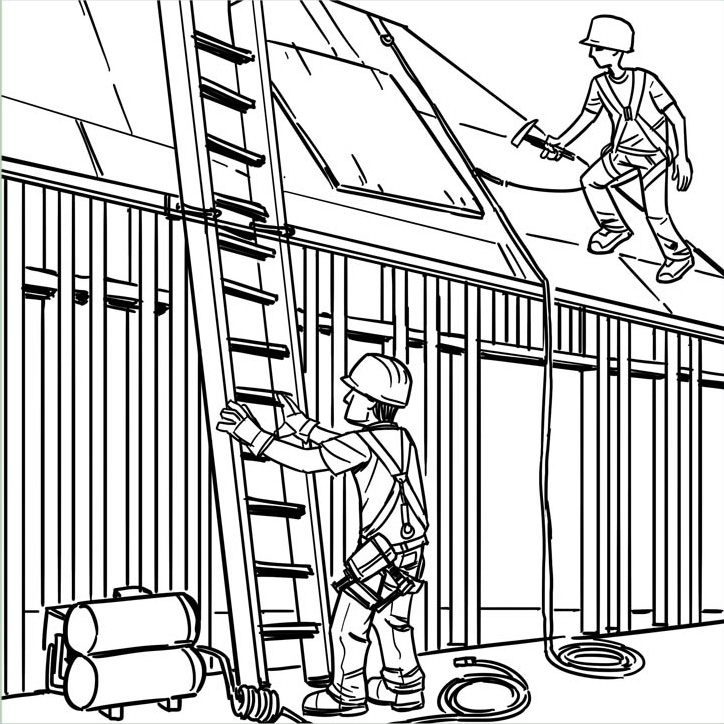 black and white drawing of construction workers working on the bones of a house