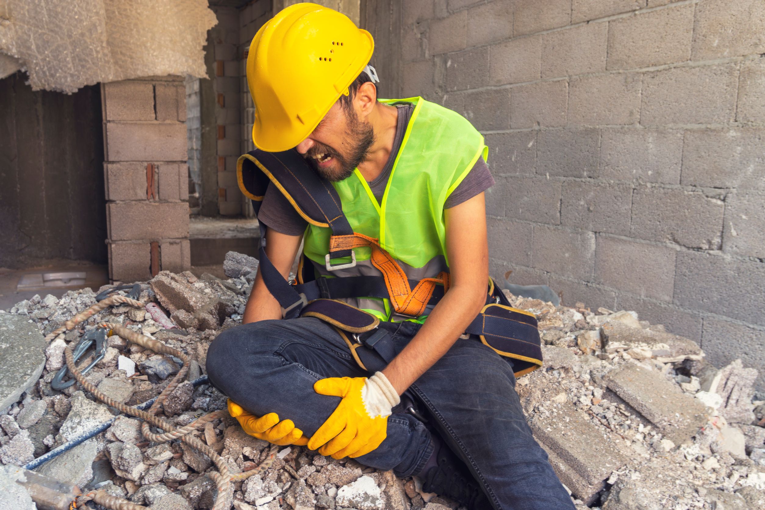 construction worker hold knee in pain