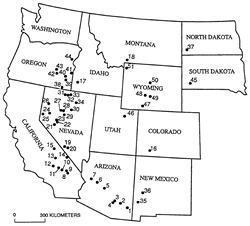 Occurrences of erionite in sedimentary rocks of the western US. From Sheppard (USGS), 1996. Click the image for a list of the identified locations.