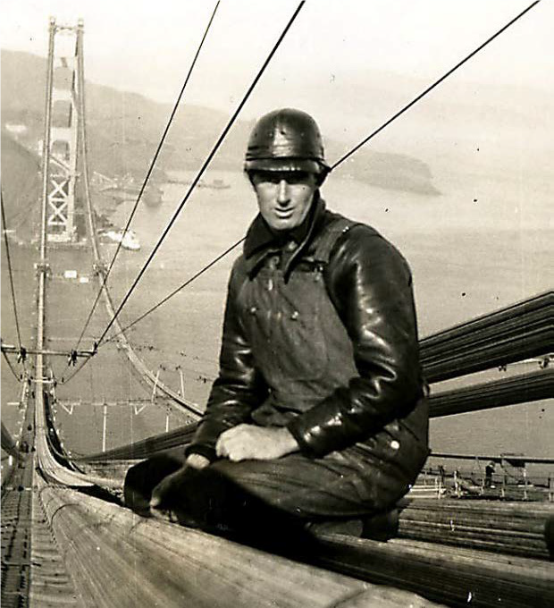 A Golden Gate construction worker wears a Bullard “hard boiled hat” in this photograph, circa 1936.