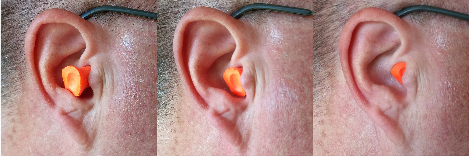 Figure 2: Badly-inserted earplug, semi-inserted earplug, and properly-inserted earplug