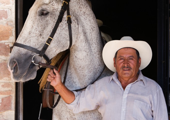 Latino man in a cowboy hat standing next to and holding the reigns of a tall white and gray speckled horse