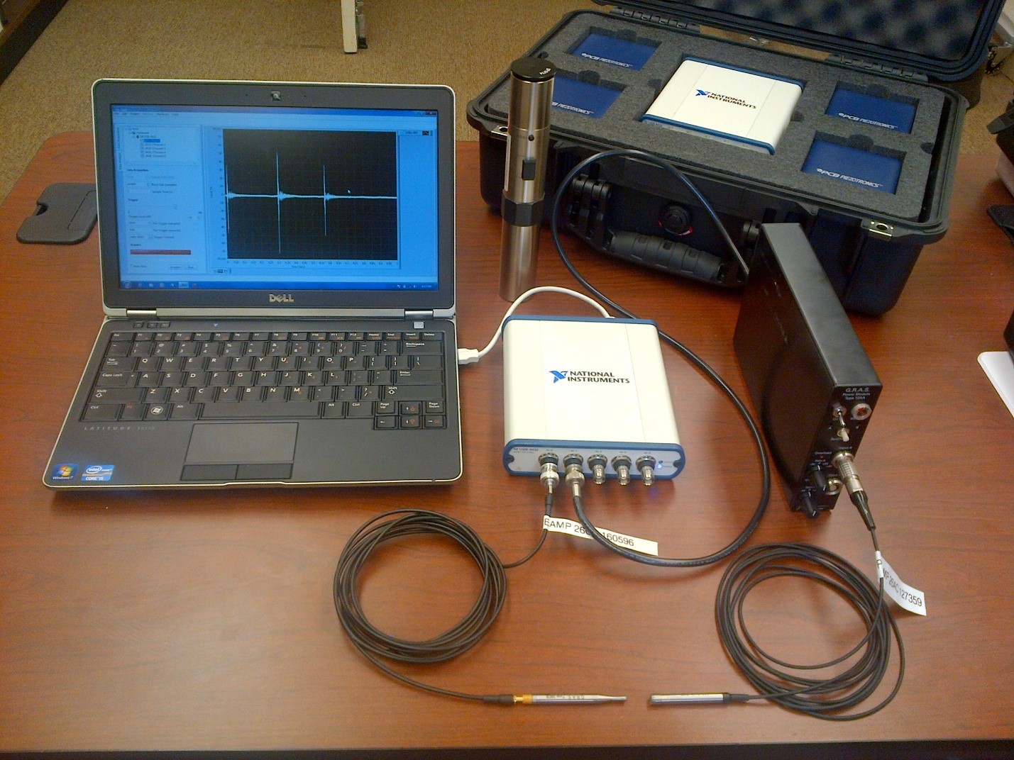 Figure 2: NIOSH Impulse Noise Measurement System Kit &ndash; consisting of a laptop running NIOSH Impulse Software, a National-Instruments (NI-4432) USB data acquisition board, and high-intensity microphones.