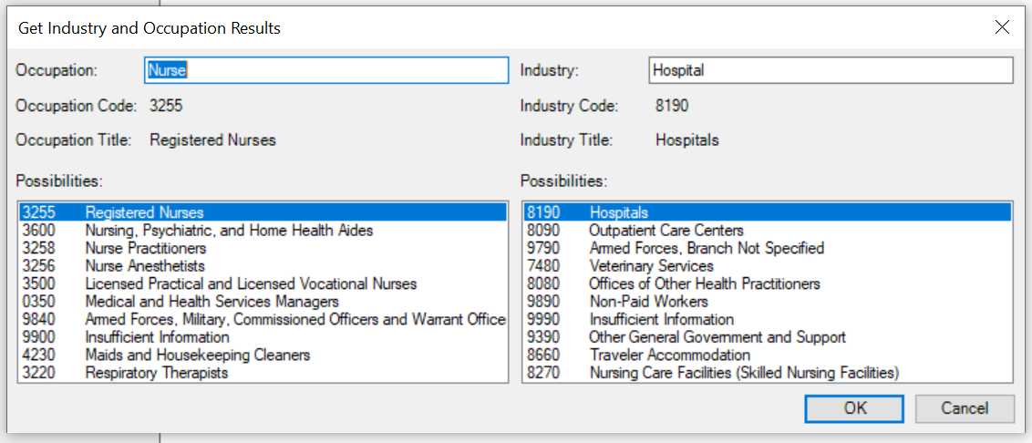 Dialogue box “Get Industry and Occupation Results”