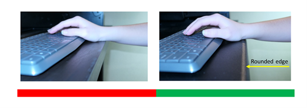 Avoid resting the forearms and wrists on unpadded cornered edges of the work surface. (As in the left panel shown below.) Rounded edges (right panel) are preferable to reduce localized contact pressure.