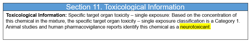 Screenshot of SDS Section 11. Toxicological Information
