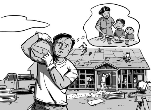 Black and white drawing of a latino construction worker thinking of his family while on the job