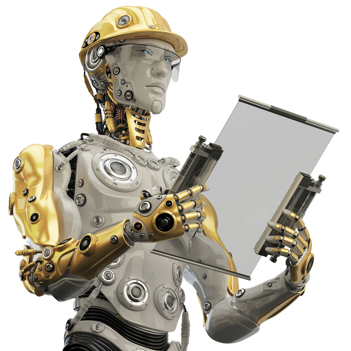 A human-shaped robot in a hard hat with a clipboard
