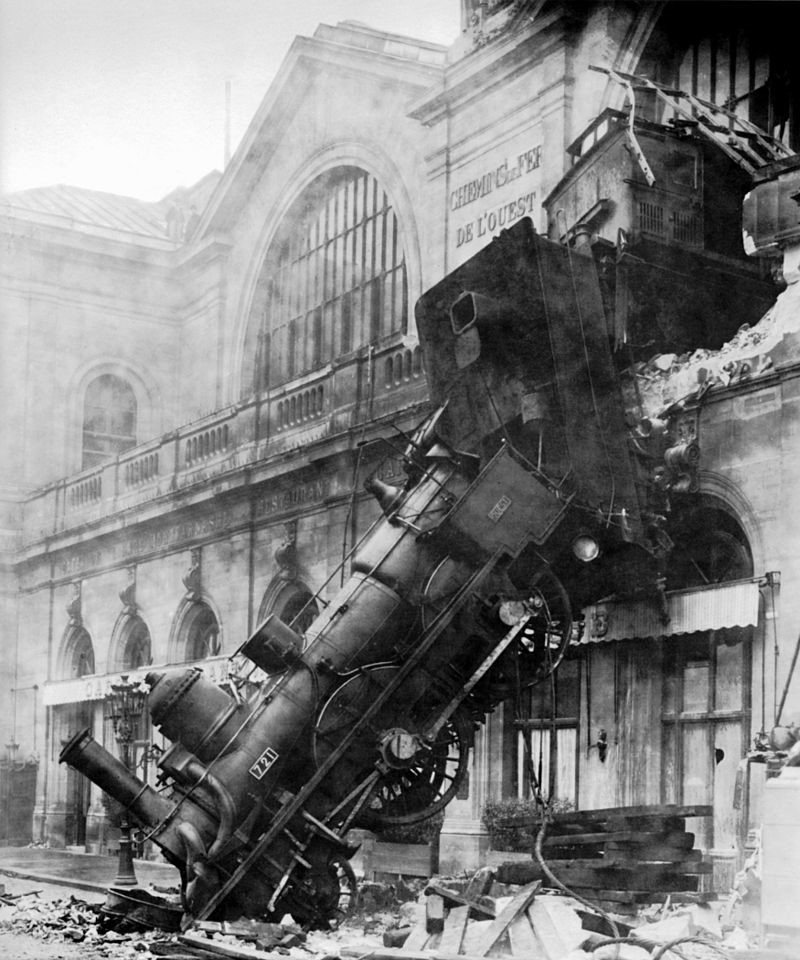 train derailed out of a building.