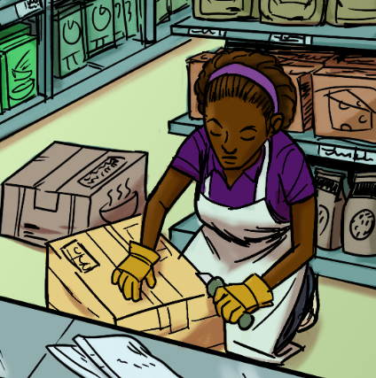 Drawing of a young black woman, wearing safety gloves, opening a cardboard box with a box cutter