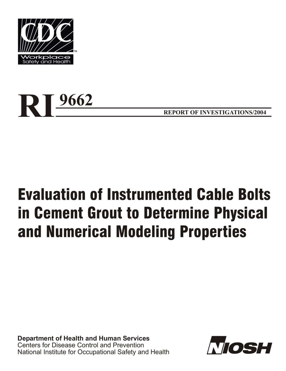 Screenshot of the first page of "Evaluation of Instrumented Cable Bolts in Cement Grout to Determine Physical and Numerical Modeling Properties"