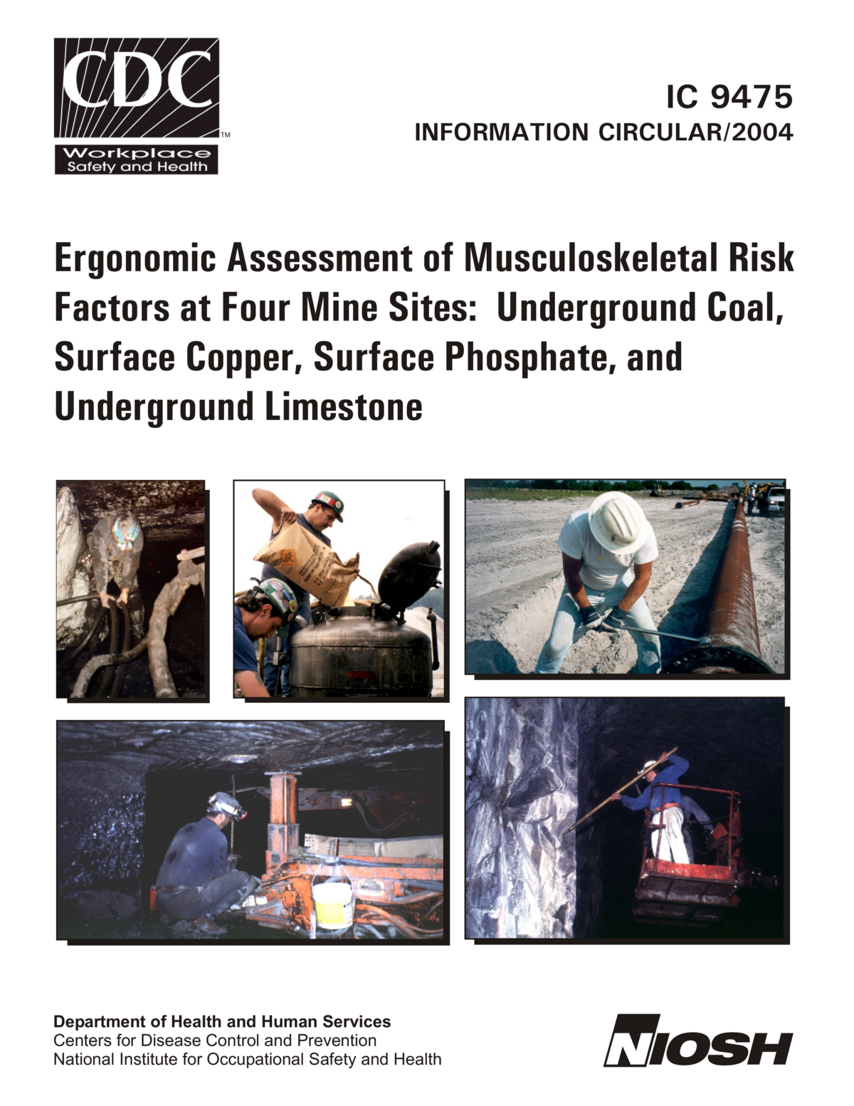 Screenshot of the first page of "Ergonomic Assessment of Musculoskeletal Risk Factors at Four Mine Sites: Underground Coal, Surface Copper, Surface Phosphate, and Underground Limestone"