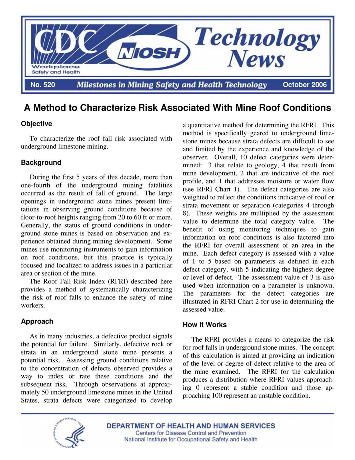 Technology News 520 - A Method to Characterize Risk Associated With Mine Roof Conditions