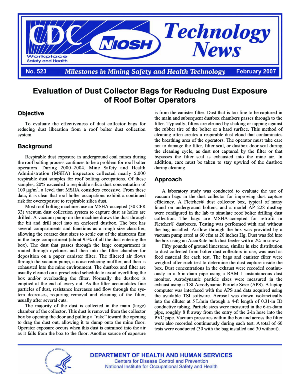 Technology News 523 - Evaluation of Dust Collector Bags for Reducing Dust Exposure of Roof Bolter Operators