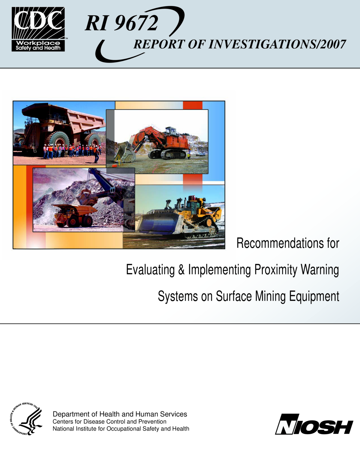 Screenshot of the first page of "Recommendations for Evaluating & Implementing Proximity Warning Systems on Surface Mining Equipment"