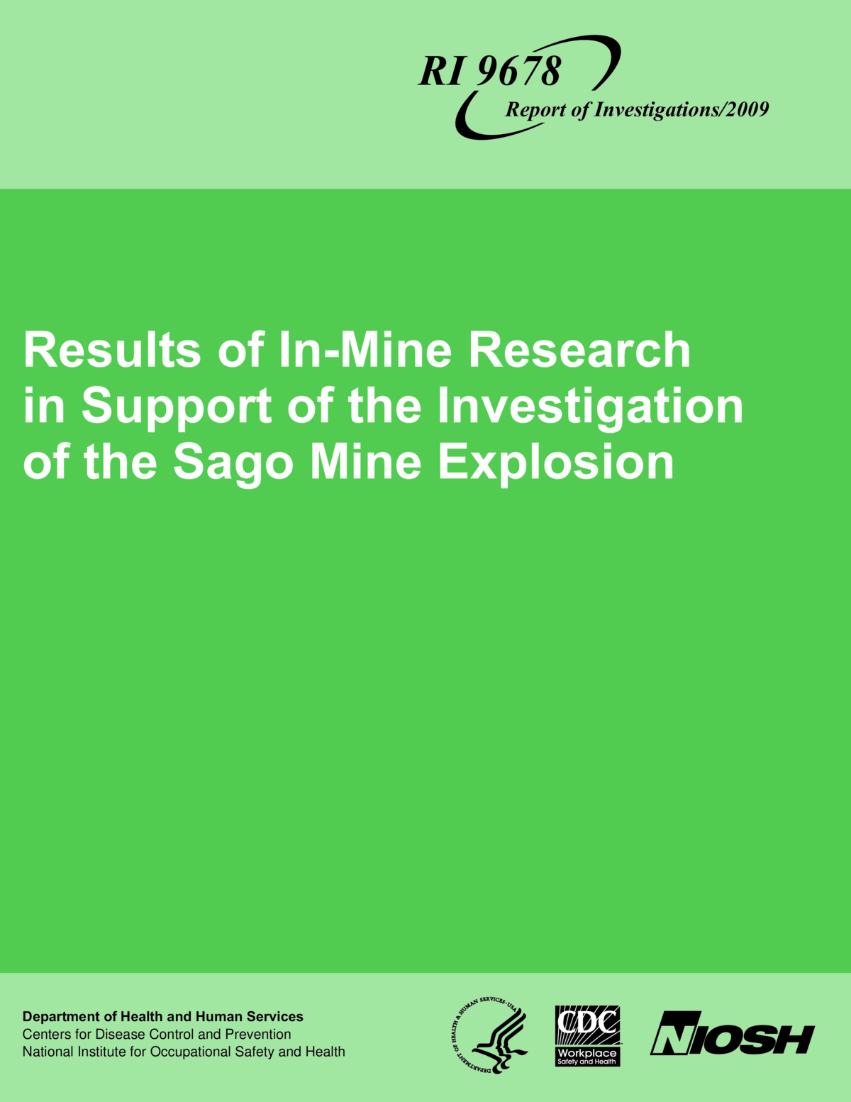 Screenshot of the first page of "Results of In-Mine Research in Support of the Investigation of the Sago Mine Explosion"