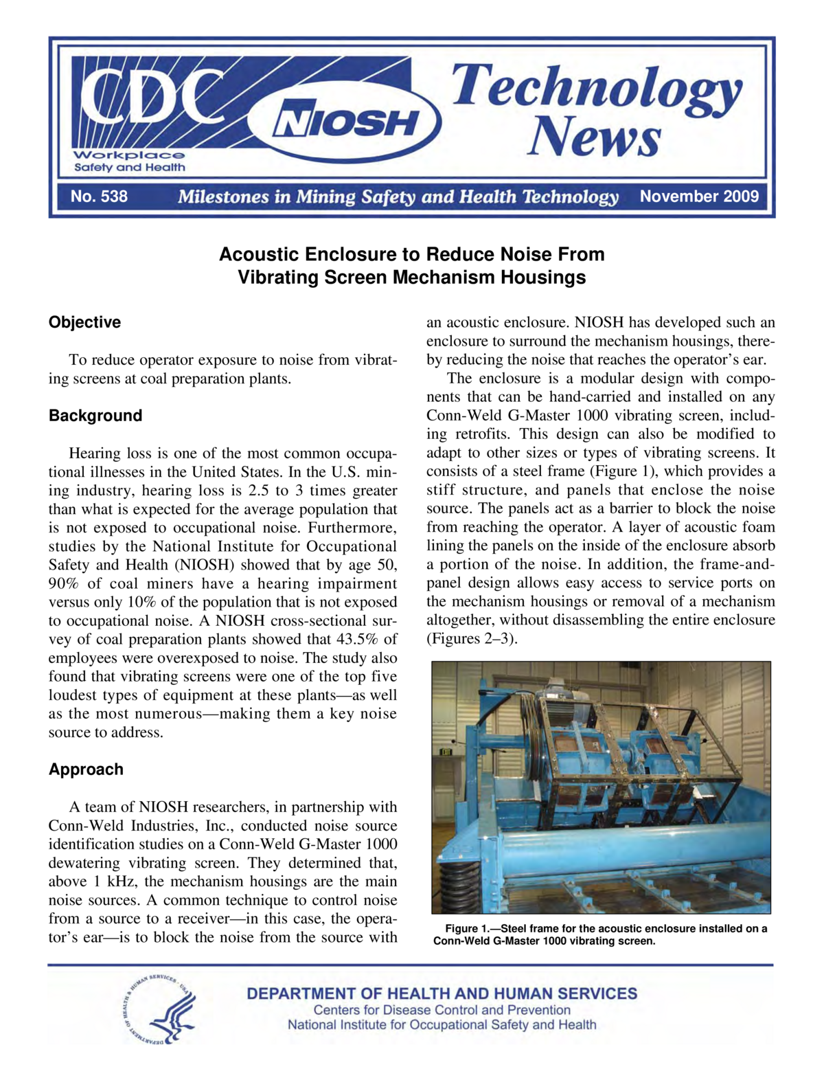 Screenshot of the first page of "Technology News 538: Acoustic Enclosure to Reduce Noise From Vibrating Screen Mechanism Housings"