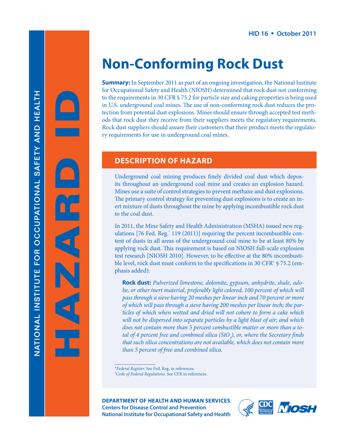 Screenshot of the first page of "NIOSH Hazard ID 16 - Non-Conforming Rock Dust"