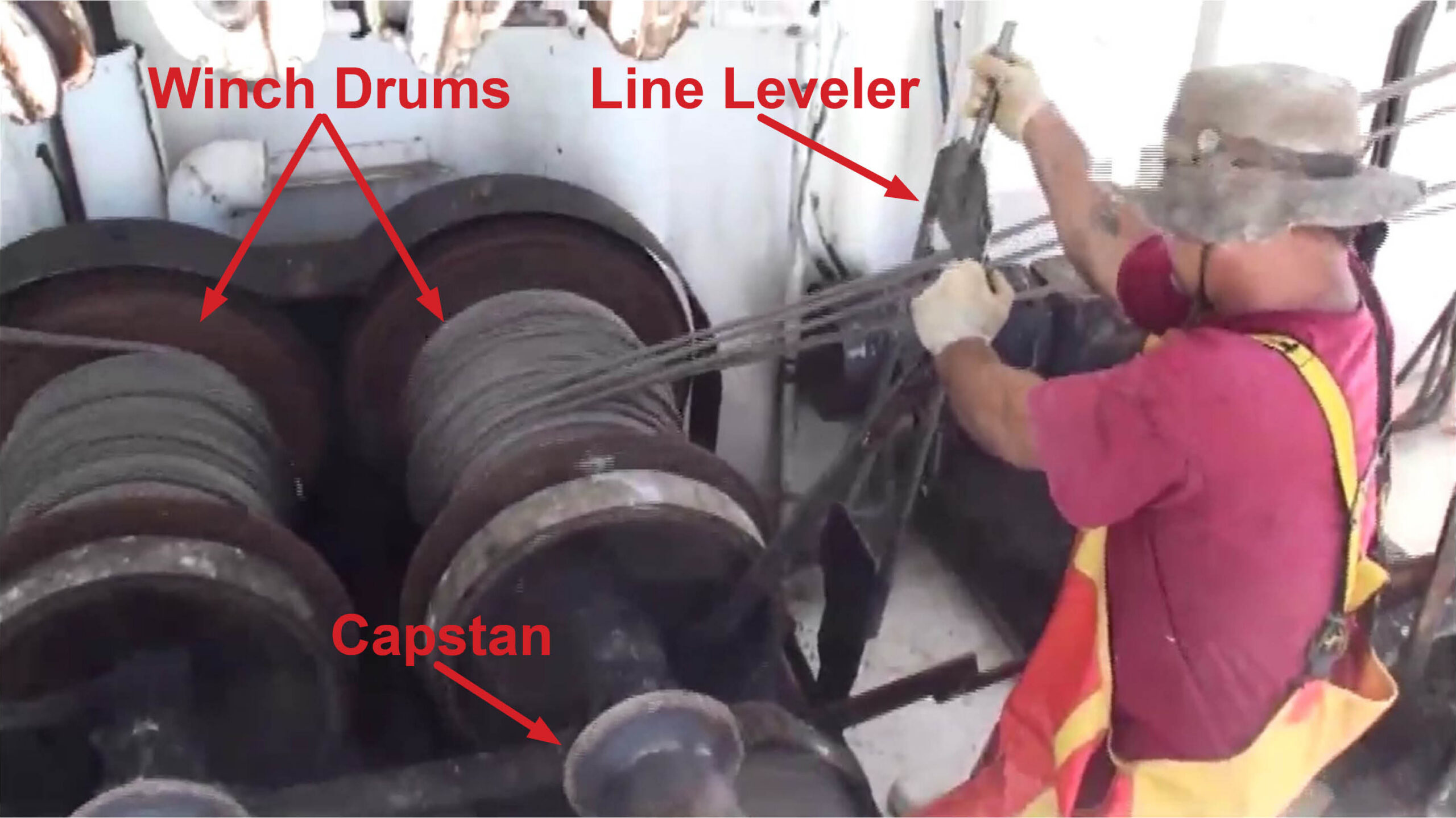 Commercial shrimp fisherman operating a drum winch without a guard.