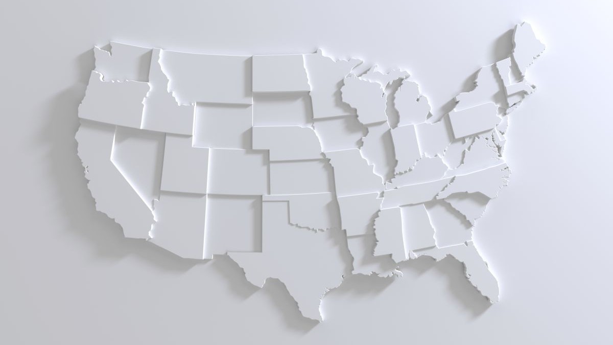 Map of the United States made of white blocks.