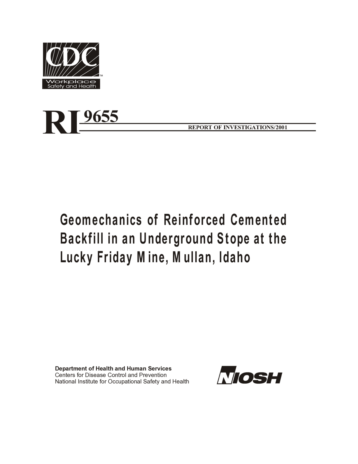 Screenshot of the first page of "Geomechanics of Reinforced Cemented Backfill in an Underhand Stope at the Lucky Friday Mine, Mullan, Idaho"