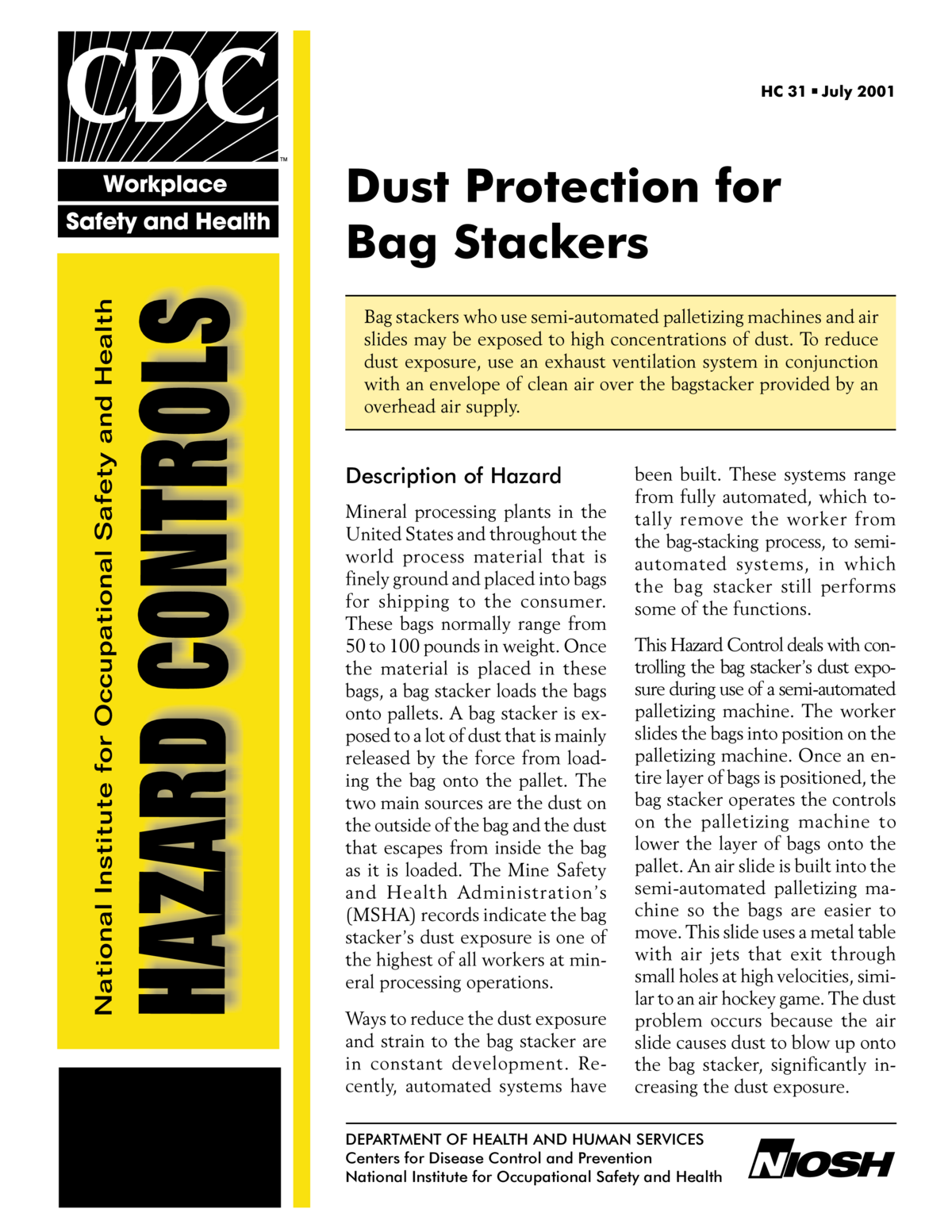 Screenshot of the first page of "NIOSH Hazard Controls 31: Dust Protection for Bag Stackers"