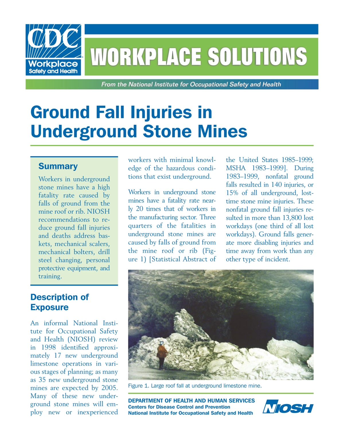 Screenshot of the first page of "Workplace Solutions: Ground Fall Injuries in Underground Stone Mines"