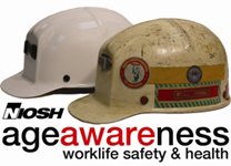 Image of two mining helmets that says Age awareness worker safety and health