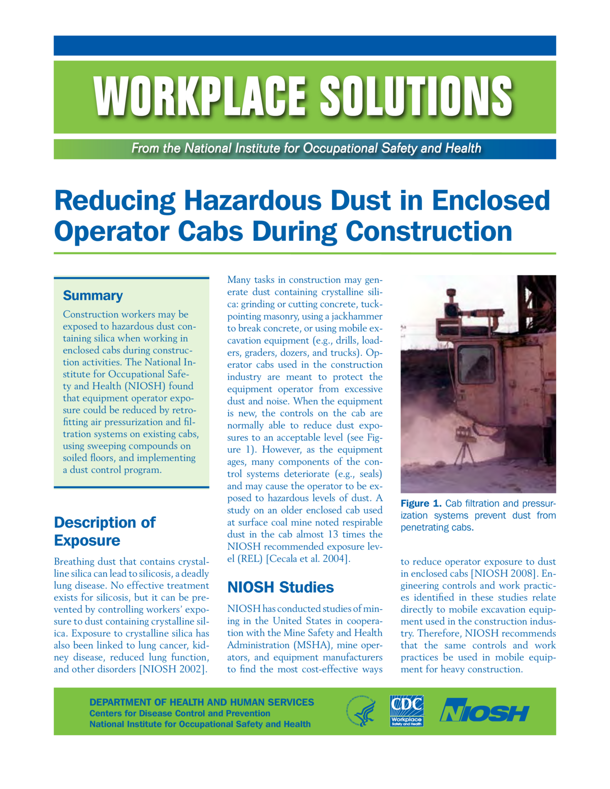 Screenshot of the first page of "Workplace Solutions: Reducing Hazardous Dust in Enclosed Operator Cabs During Construction"
