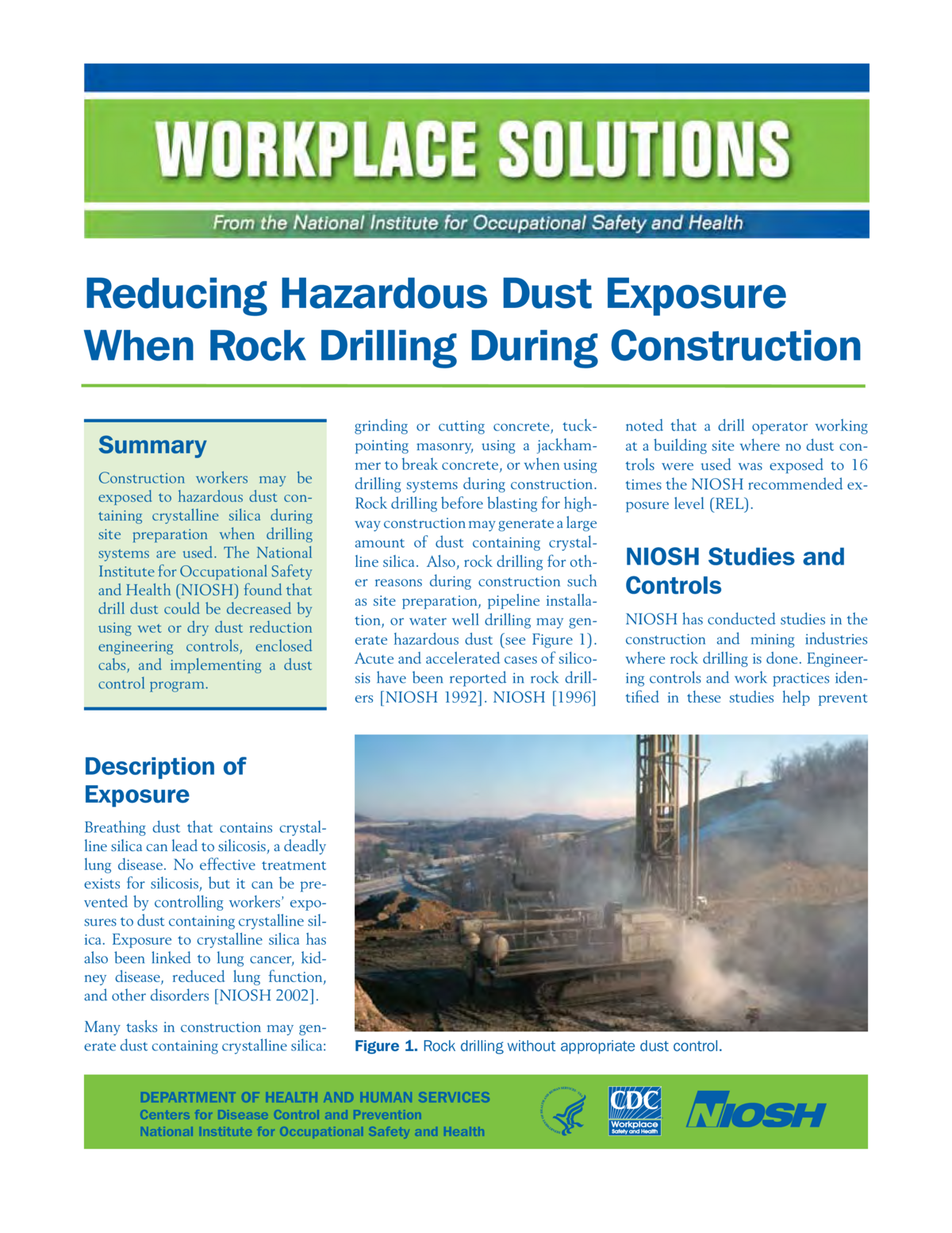 Screenshot of the first page of "Workplace Solutions: Reducing Hazardous Dust Exposure When Rock Drilling During Construction"