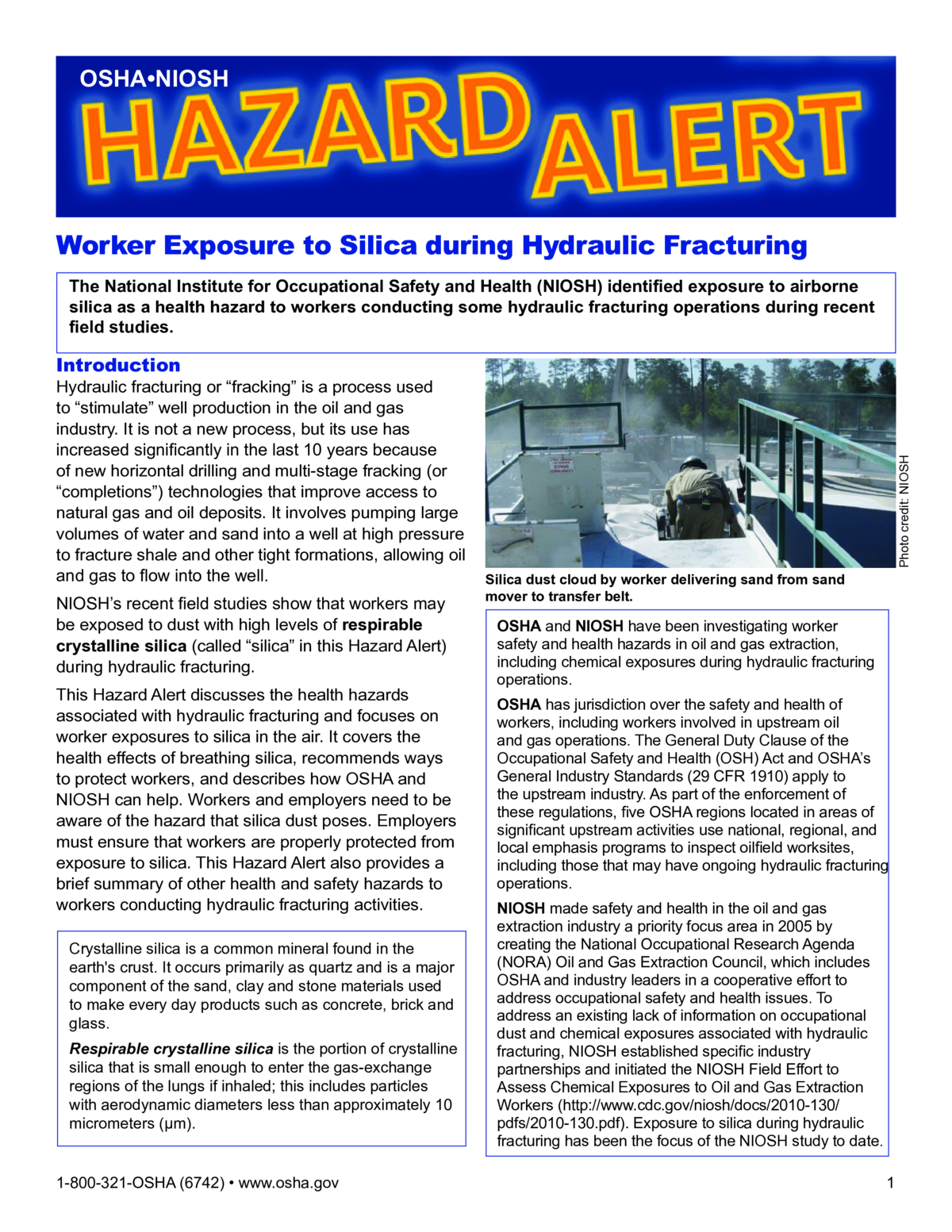OSHA/NIOSH Hazard Alert: Worker Exposure to Silica During Hydraulic Fracturing