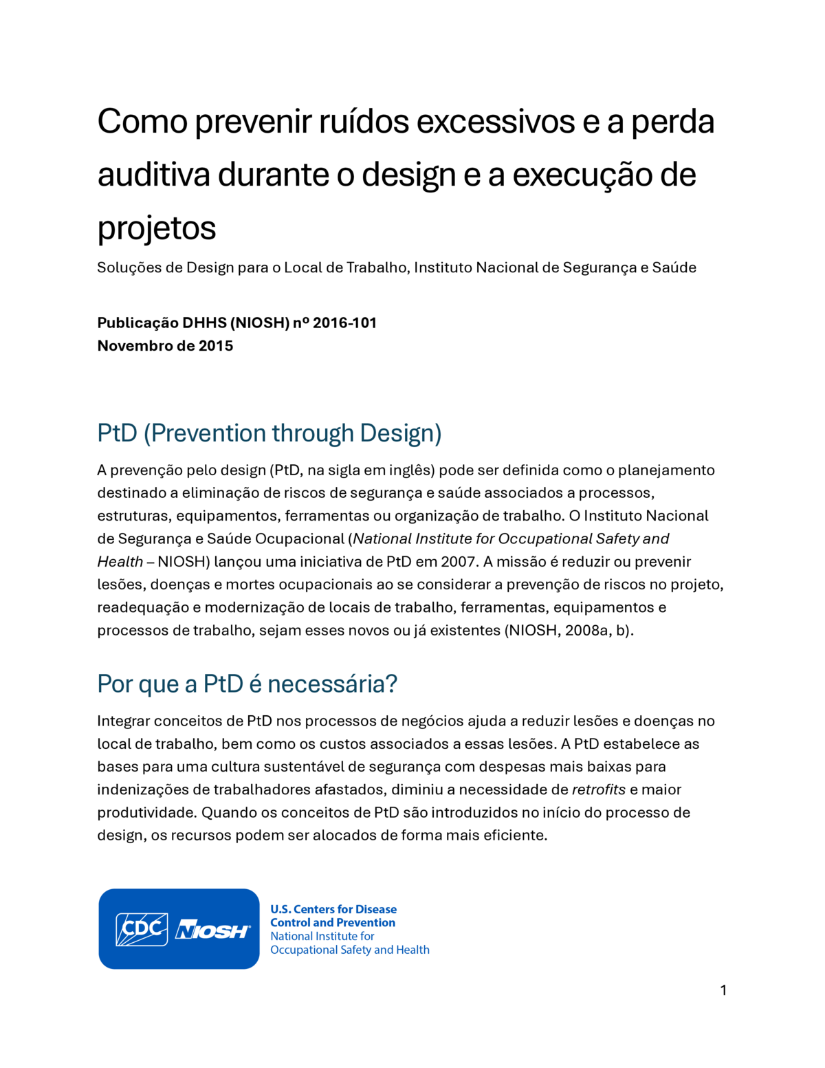Screenshot of the first page of "Como prevenir ru&iacute;dos excessivos e a perda auditiva durante o design e a execu&ccedil;&atilde;o de projetos"