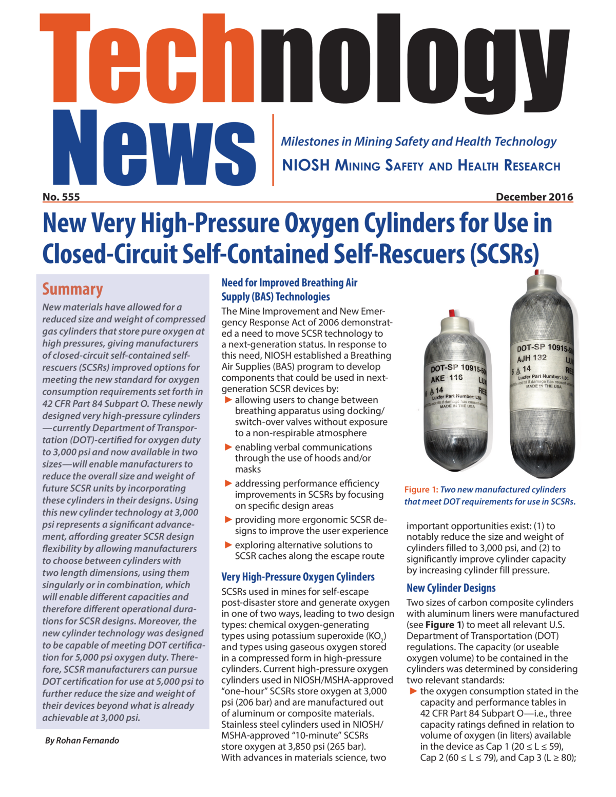 New Very High-Pressure Oxygen Cylinders for Use in Closed-Circuit Self-Contained Self-Rescuers (SCSRs)